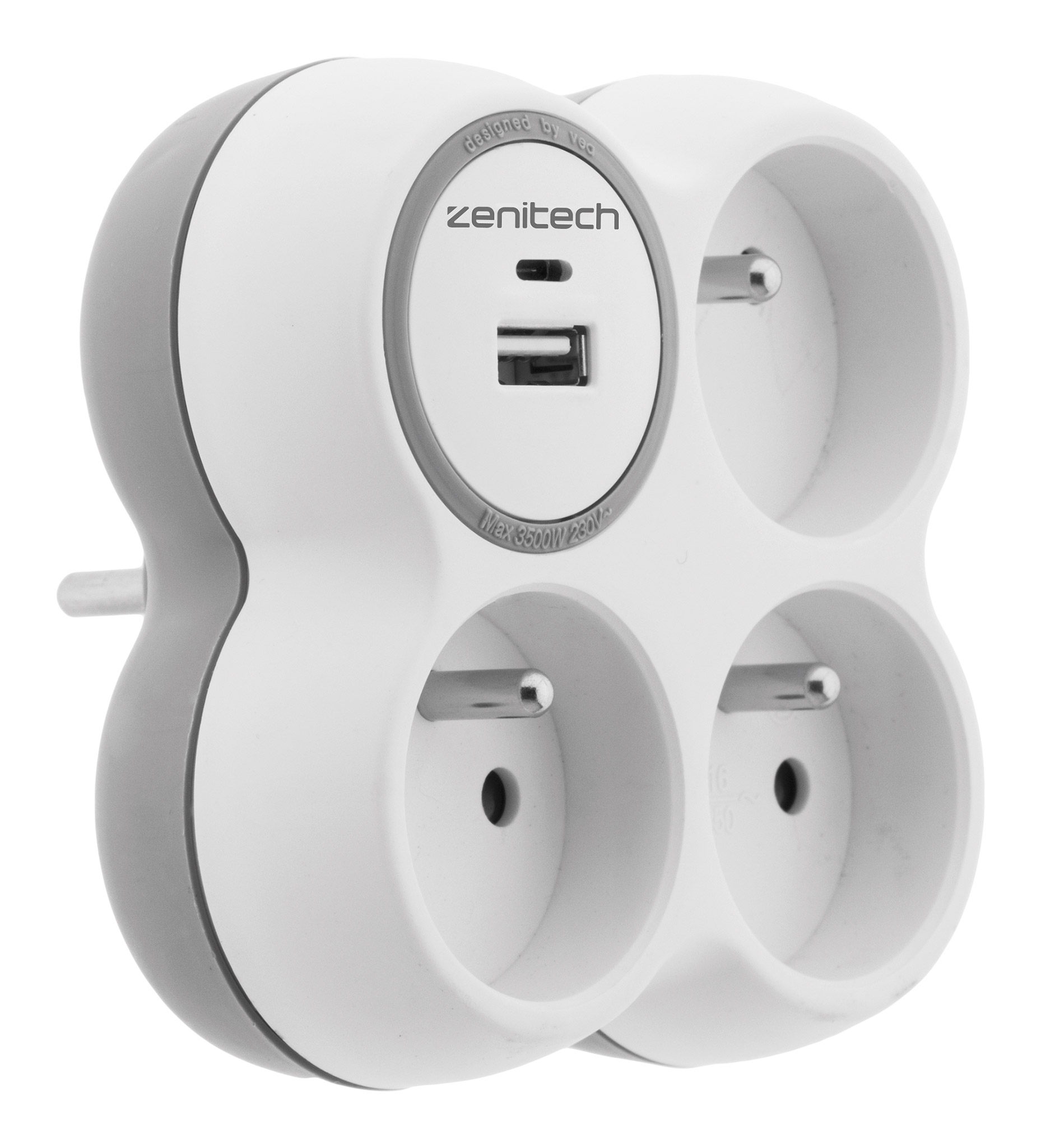 Prise 16A avec chargeurs USB A+C (Blanc et Gris) Zenitech